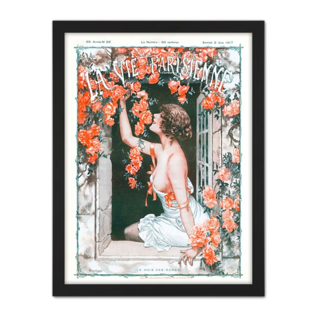 "Artery8 Wall Art Print La Vie Parisienne Window Roses Flowers French Magazine Cover Large Framed Wall Décor Art in White - Size: W18"" x H24""" - image 1