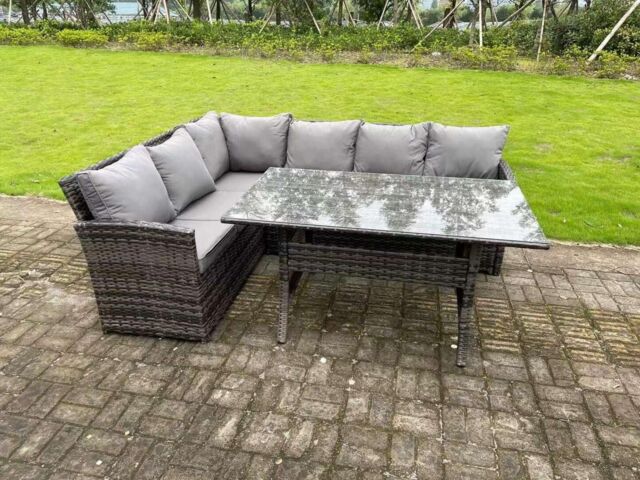 Fimous High Back Dark Mixed Grey Rattan Corner Sofa Set Outdoor Furniture Rectangular Dining Table 6 Seater in Dark Grey - image 1