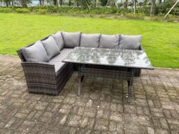 Fimous High Back Dark Mixed Grey Rattan Corner Sofa Set Outdoor Furniture Rectangular Dining Table 6 Seater in Dark Grey - thumbnail 1