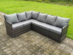 Fimous High Back Dark Mixed Grey Rattan Corner Sofa Set Outdoor Furniture Rectangular Dining Table 6 Seater in Dark Grey - thumbnail 2