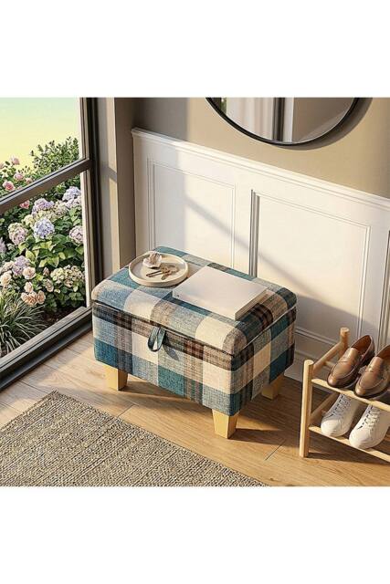 Living and Home Linen Upholstered Storage Ottoman in Blue - image 1