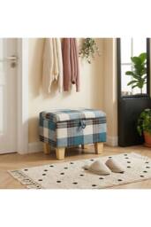 Living and Home Linen Upholstered Storage Ottoman in Blue - thumbnail 3