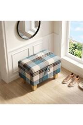 Living and Home Linen Upholstered Storage Ottoman in Blue - thumbnail 2