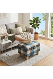 Living and Home Linen Upholstered Storage Ottoman in Blue - thumbnail 4