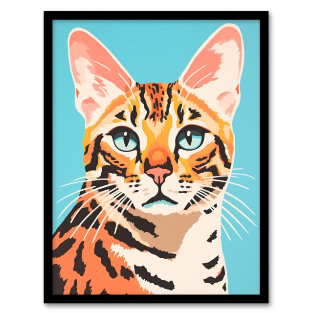 Artery8 Bengal Cat Bold Vibrant Flat Style Screen Print Risograph Artwork Spot Block Colour Duotone Retro Riso Interior Design Art Print Framed - image 1
