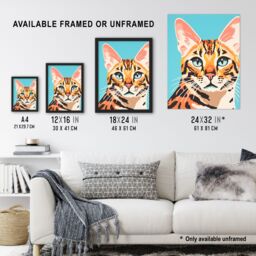Artery8 Bengal Cat Bold Vibrant Flat Style Screen Print Risograph Artwork Spot Block Colour Duotone Retro Riso Interior Design Art Print Framed - thumbnail 3