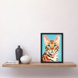 Artery8 Bengal Cat Bold Vibrant Flat Style Screen Print Risograph Artwork Spot Block Colour Duotone Retro Riso Interior Design Art Print Framed - thumbnail 4