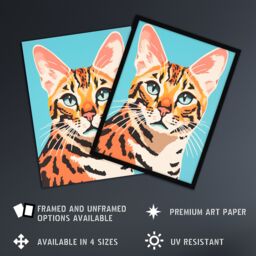 Artery8 Bengal Cat Bold Vibrant Flat Style Screen Print Risograph Artwork Spot Block Colour Duotone Retro Riso Interior Design Art Print Framed - thumbnail 2