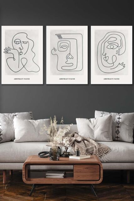 ARTZE Set of 3 White Framed Grey Abstract Line Art Faces Wall Art in Light Grey - Size: W33 cm x H45 cm x D20mm - image 1