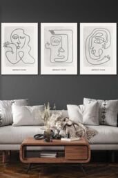 ARTZE Set of 3 White Framed Grey Abstract Line Art Faces Wall Art in Light Grey - Size: W33 cm x H45 cm x D20mm - thumbnail 1