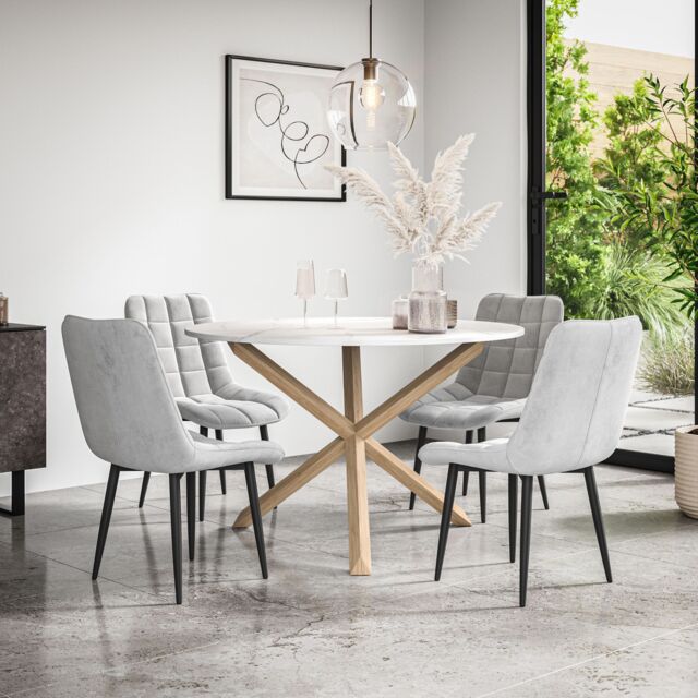 More4Homes Malvern Round Dining Table & Chairs - Marble Table Top w Solid Oak Legs + Nova Velvet Dining Chair Set Of 4 in Grey - image 1