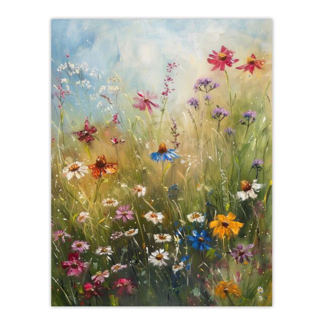 "Artery8 Spring Wildflowers Oil Painting Colourful Floral Wall Art Print in Green - Size: W24"" x H32""" - image 1