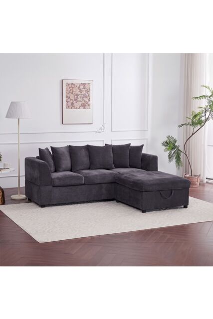 Living and Home Chenille Upholstered 3-Seater Sectional Sofa with Storage Ottoman & 6 Pillows in Grey - image 1