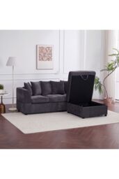 Living and Home Chenille Upholstered 3-Seater Sectional Sofa with Storage Ottoman & 6 Pillows in Grey - thumbnail 2