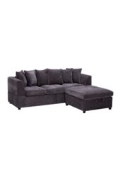 Living and Home Chenille Upholstered 3-Seater Sectional Sofa with Storage Ottoman & 6 Pillows in Grey - thumbnail 3