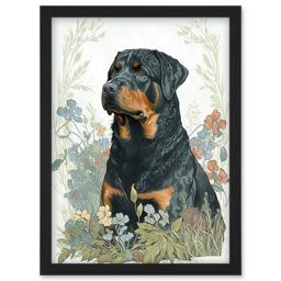 Artery8 Rottweiler Dog Sitting in Flower Field Modern Watercolour Illustration Artwork Framed Wall Art Print A4 in Black - thumbnail 1