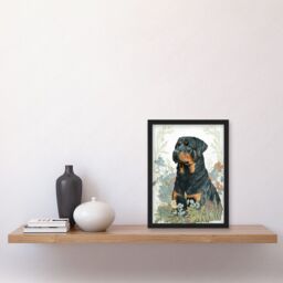 Artery8 Rottweiler Dog Sitting in Flower Field Modern Watercolour Illustration Artwork Framed Wall Art Print A4 in Black - thumbnail 2