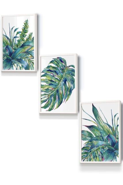 ARTZE Framed Blue Green Watercolour Tropical Leaves Framed Wall Art - Small in White - Size: W33 cm x H45 cm x D20mm - image 1