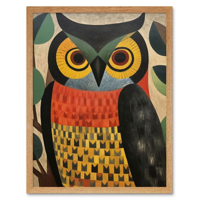 "Artery8 Wall Art Print Folk Art Geometric Owl Boho Colours Yellow Coral Green Bold but Subtle Artwork Art Framed in Light Oak - Size: W12"" x H16""" - image 1