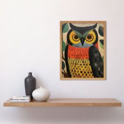"Artery8 Wall Art Print Folk Art Geometric Owl Boho Colours Yellow Coral Green Bold but Subtle Artwork Art Framed in Light Oak - Size: W12"" x H16""" - thumbnail 2
