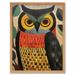 "Artery8 Wall Art Print Folk Art Geometric Owl Boho Colours Yellow Coral Green Bold but Subtle Artwork Art Framed in Light Oak - Size: W12"" x H16""" - thumbnail 1