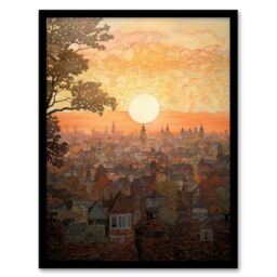 Artery8 Wall Art Print Sunset Over Oxford City Watercolour Painting Orange Pink Atmospheric Cityscape Art Framed - Size: A4 - thumbnail 1