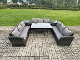 Fimous Rattan Garden Furniture Set with Oblong Rectangular Dining Table 2 Side Tables 9 Seater Outdoor Lounge Sofa Set Dark Grey Mixed - thumbnail 1
