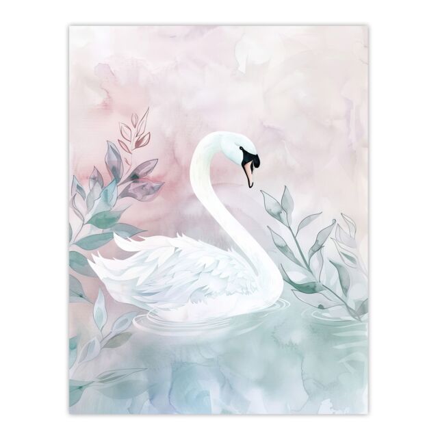 "Artery8 Lake Swan Pink Green Light Watercolour Painting Wall Art Print - Size: W24"" x H32""" - image 1