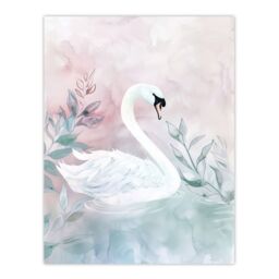 "Artery8 Lake Swan Pink Green Light Watercolour Painting Wall Art Print - Size: W24"" x H32""" - thumbnail 1