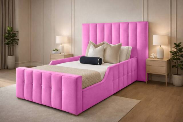 PARADISE BEDS LTD Single Wooden Upholstered Kids Bed Frame With Headboard in Bright Pink - image 1