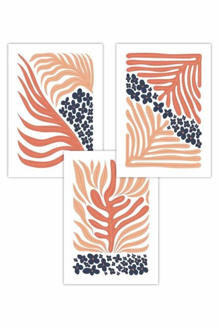 ARTZE Set of 3 Blue & Pink Boho Abstract Floral Art Posters - Size: W50 cm x H70 cm - image 1