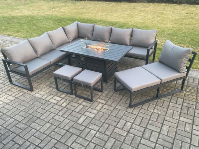 Fimous Aluminium Lounge Corner Sofa Outdoor Garden Furniture Sets Gas Fire Pit Dining Table Set with 3 Footstools in Dark Grey