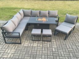 Fimous Aluminium Lounge Corner Sofa Outdoor Garden Furniture Sets Gas Fire Pit Dining Table Set with 3 Footstools in Dark Grey - thumbnail 2