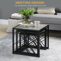 HOMCOM Set of 3 Nesting Coffee Tables Square Side Tables with Metal Frame in Grey - thumbnail 6