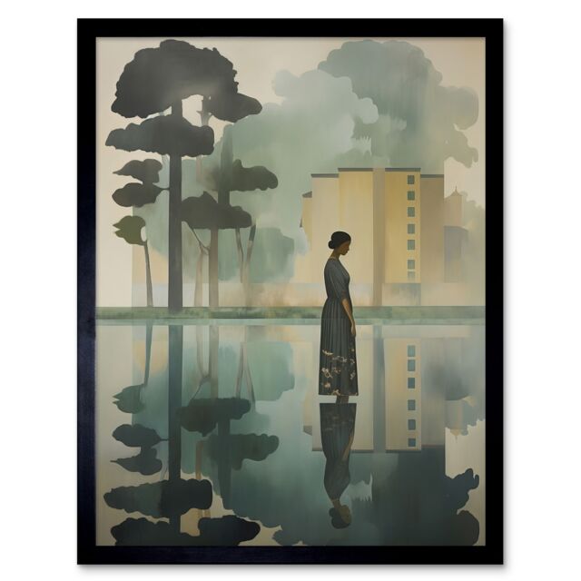 "Artery8 Wall Art Print Reflecting & Reflection of Calm Artwork Modern Simple Calming Soft Painting Flat Lake Trees Art Framed - Size: W12"" x H16""" - image 1