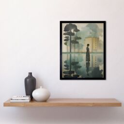 "Artery8 Wall Art Print Reflecting & Reflection of Calm Artwork Modern Simple Calming Soft Painting Flat Lake Trees Art Framed - Size: W12"" x H16""" - thumbnail 2