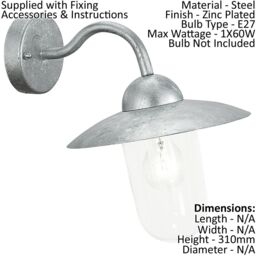 Loops IP44 Outdoor Wall Light Zinc Plated Steel 1 x 60W E27 Bulb Porch Lamp in Metallics - thumbnail 2