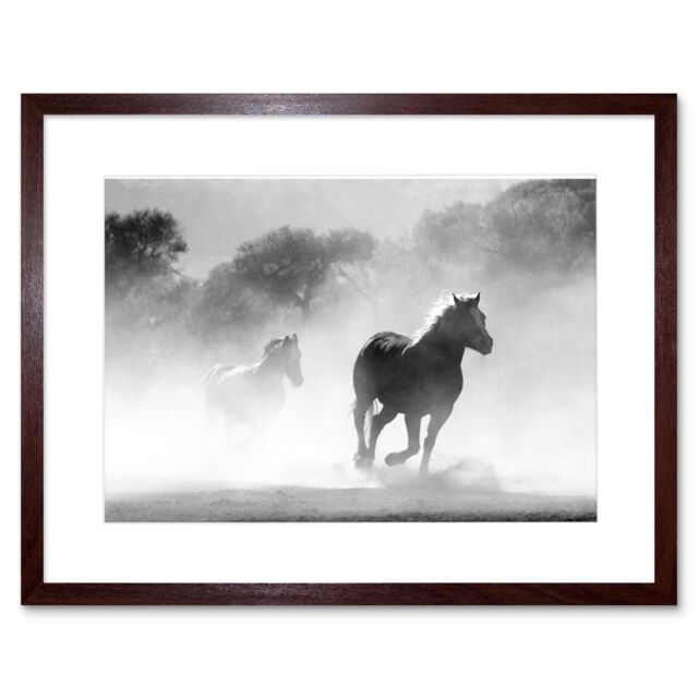 "Artery8 Wall Art Print Horses Running Mist BW Framed in Brown - Size: W7"" x H9""" - image 1