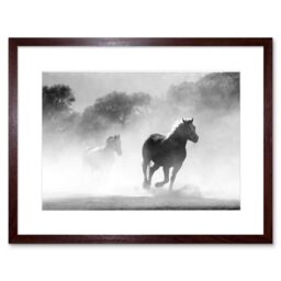 "Artery8 Wall Art Print Horses Running Mist BW Framed in Brown - Size: W7"" x H9""" - thumbnail 1