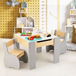 Costway 4 in 1 Activity Table & Chairs Wooden Furniture Set w/ Storage in Grey - thumbnail 3