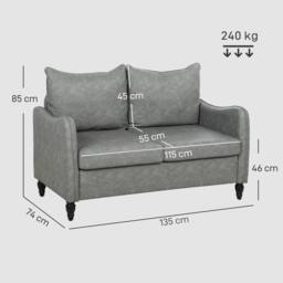 HOMCOM Modern 2 Seater Sofa, PU Leather Upholstered Loveseat Settee in Grey - thumbnail 3
