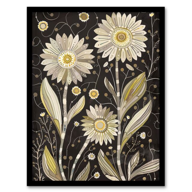 "Artery8 Dark Daisy Flowers Artwork Rustic Floral Quirky Framed Art Print in Black - Size: W12"" x H16""" - image 1