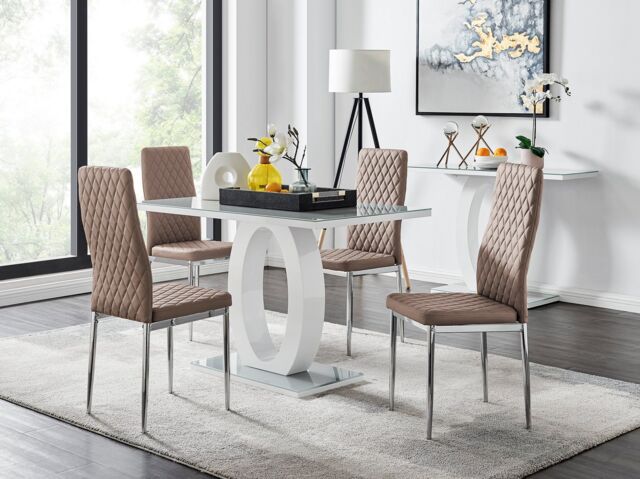 FurnitureboxUK Giovani Grey White Modern High Gloss & Glass Dining Table & 4 Milan Chairs Set in Beige - image 1
