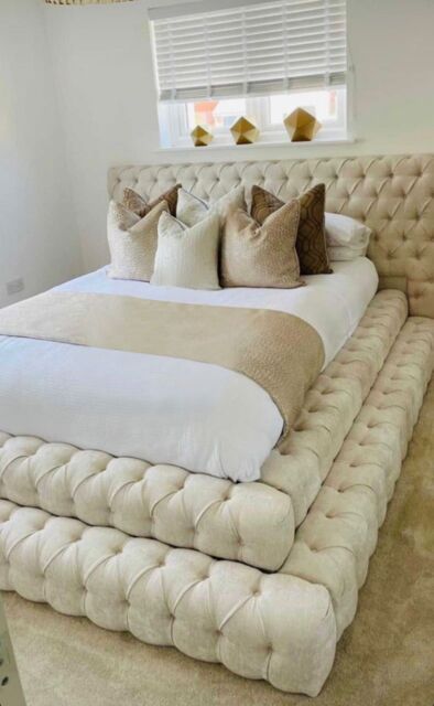 HOB Furniture Royal Emporium Bed, Luxury French Velvet - Hb 152 Cm, Cream - Size: Double