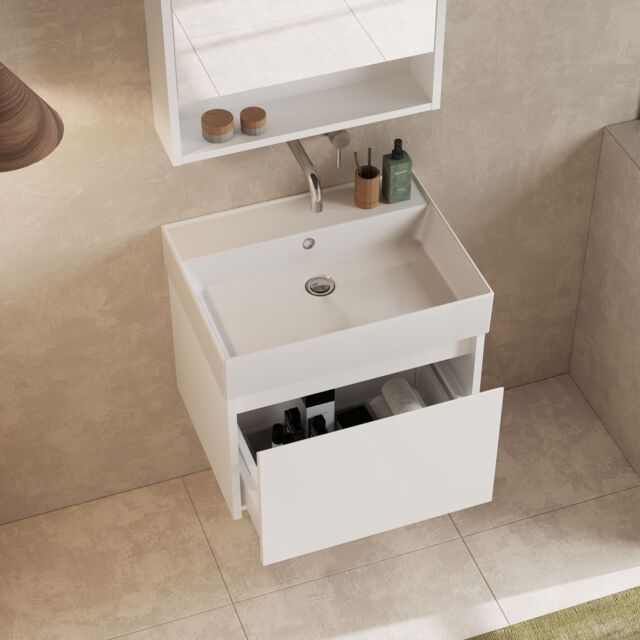 Banyetti Mino 600mm WallHung Vanity Unit & Veneto 0 TH Basin-Gloss White - image 1