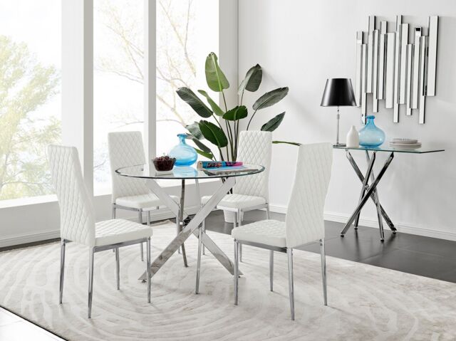 FurnitureboxUK Novara Clear Tempered Glass 100cm Round Dining Table with Chrome Starburst Legs & 4 Milan Faux Leather Chairs in White - image 1