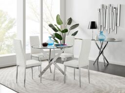 FurnitureboxUK Novara Clear Tempered Glass 100cm Round Dining Table with Chrome Starburst Legs & 4 Milan Faux Leather Chairs in White - thumbnail 1