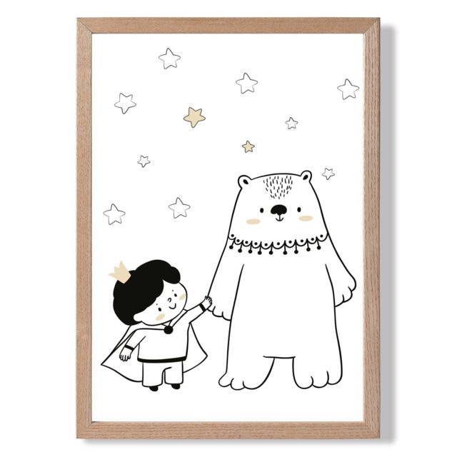 ARTZE Scandi Prince Little Boy with Bear Framed Print SIZE: A3 with Oak Frame in Black - Size: A4 - image 1