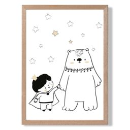 ARTZE Scandi Prince Little Boy with Bear Framed Print SIZE: A3 with Oak Frame in Black - Size: A4