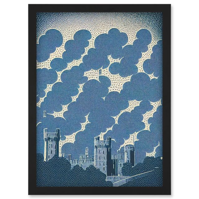 Artery8 Windsor Castle with Cloudy Sky Lithograph Illustration in Blue Artwork Framed Wall Art Print A4 in Black - image 1